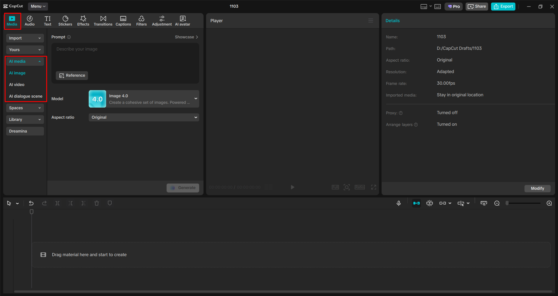 Accessing the AI image tool in the CapCut desktop video editor