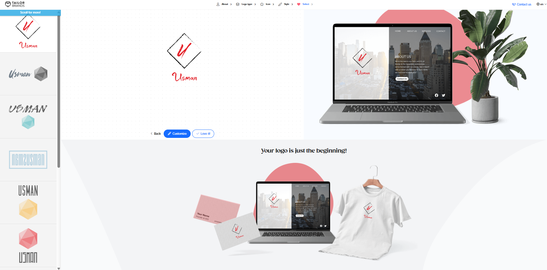 Интерфейс Tailor Brands - еще один инструмент для создания дизайнов логотипов брендов