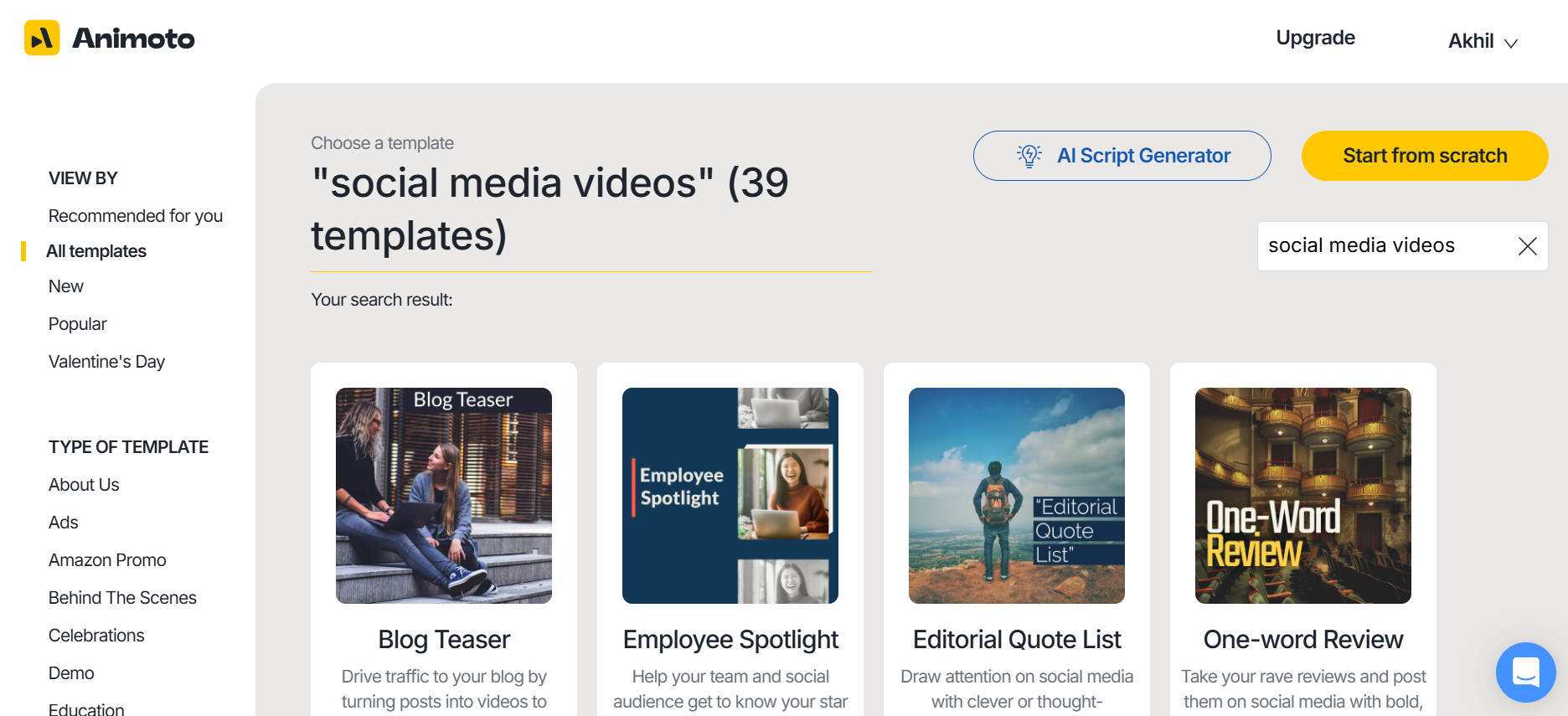 Animotos gränssnitt