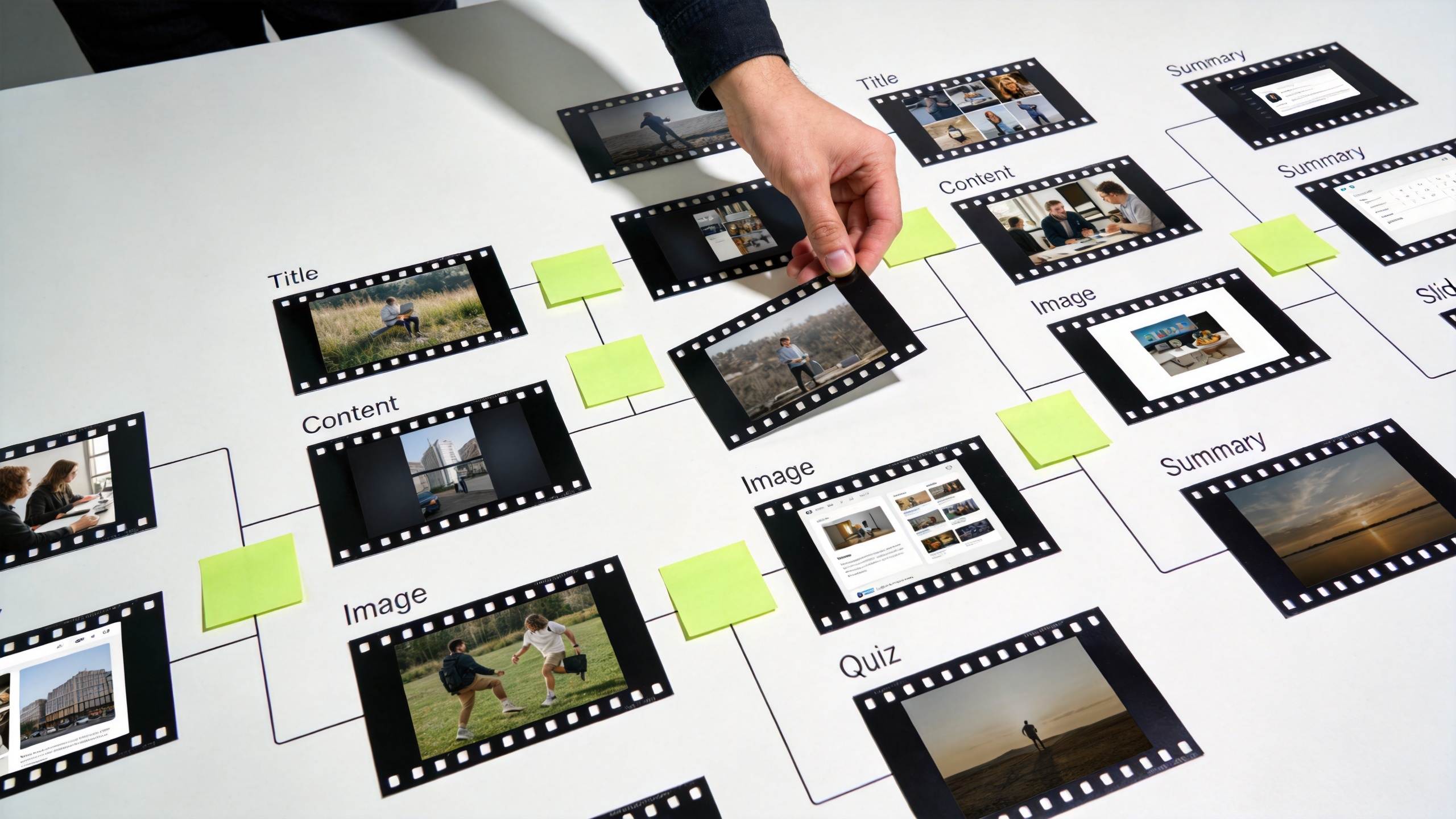 Hand arranging filmstrip-style slides on a flowchart template with labels like Title, Content, Image, Summary, and Quiz