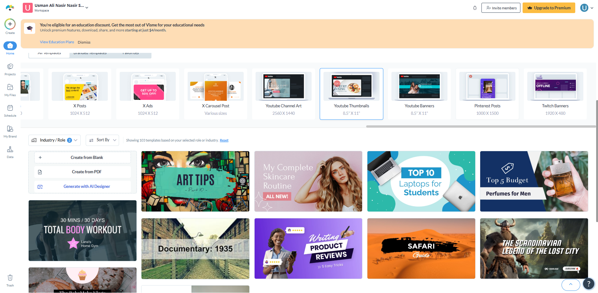 Interface of Visme - one of the best tools to edit YouTube thumbnail backgrounds