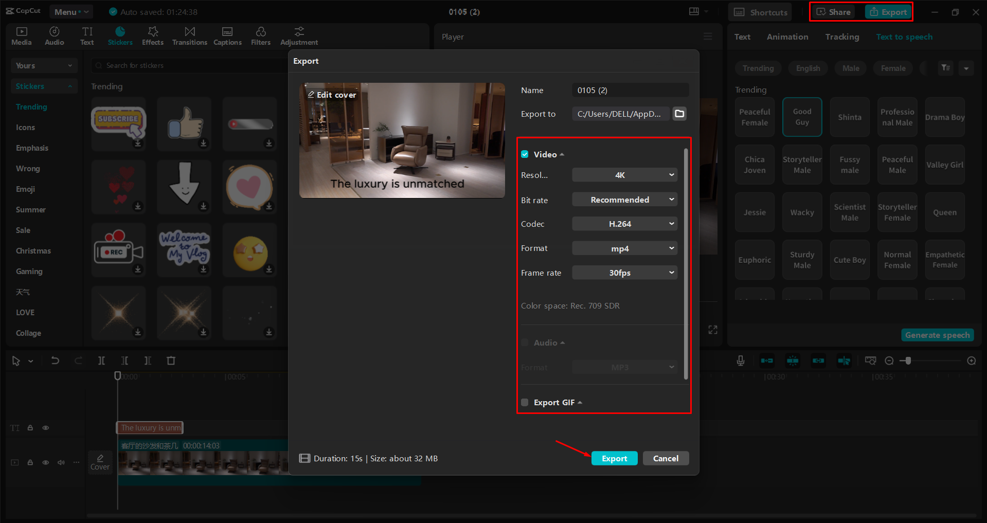 Exportul unui videoclip din editorul video CapCut desktop