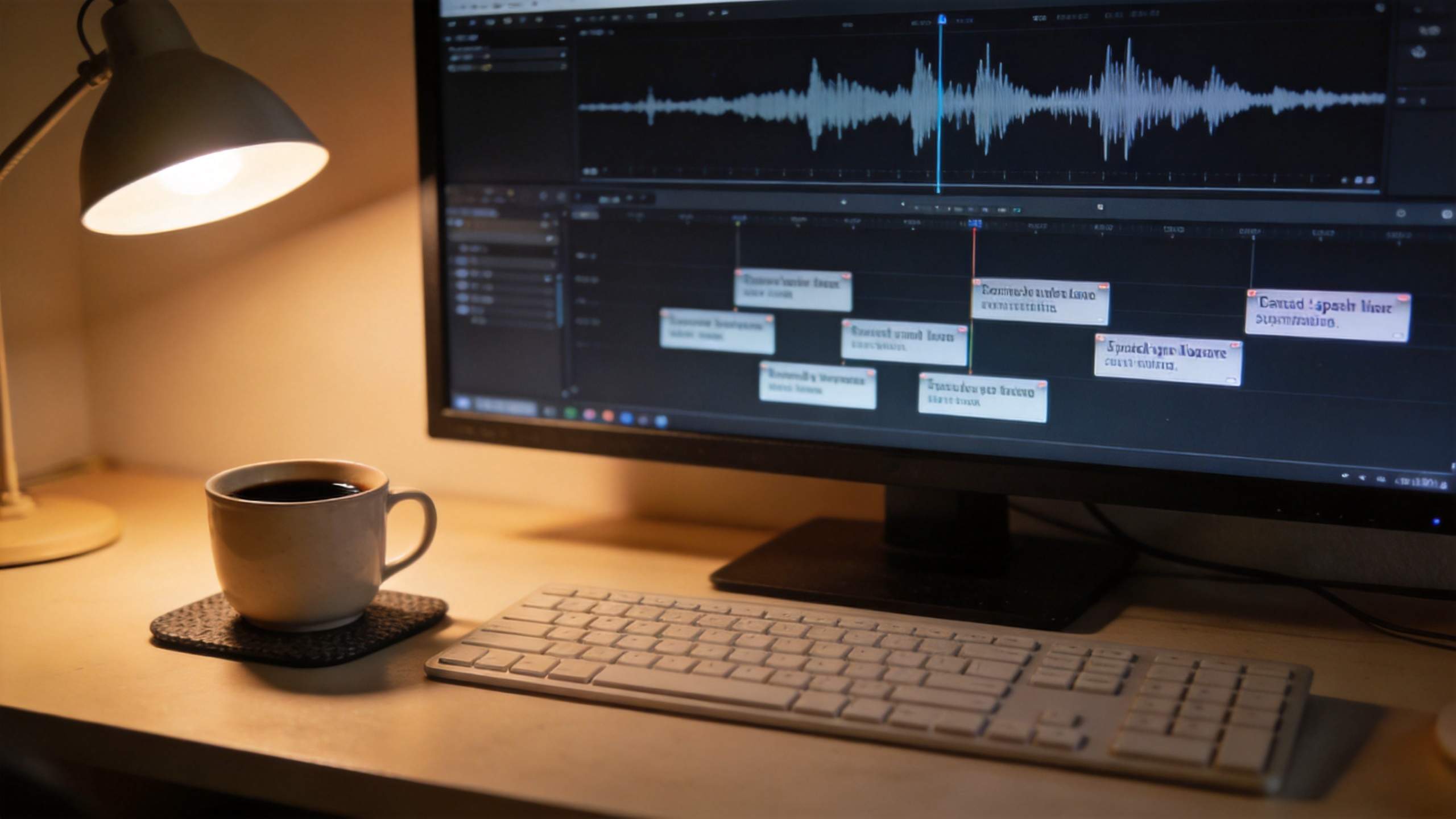 Desk setup with monitor showing audio waveform and editing timeline beside a coffee cup and keyboard