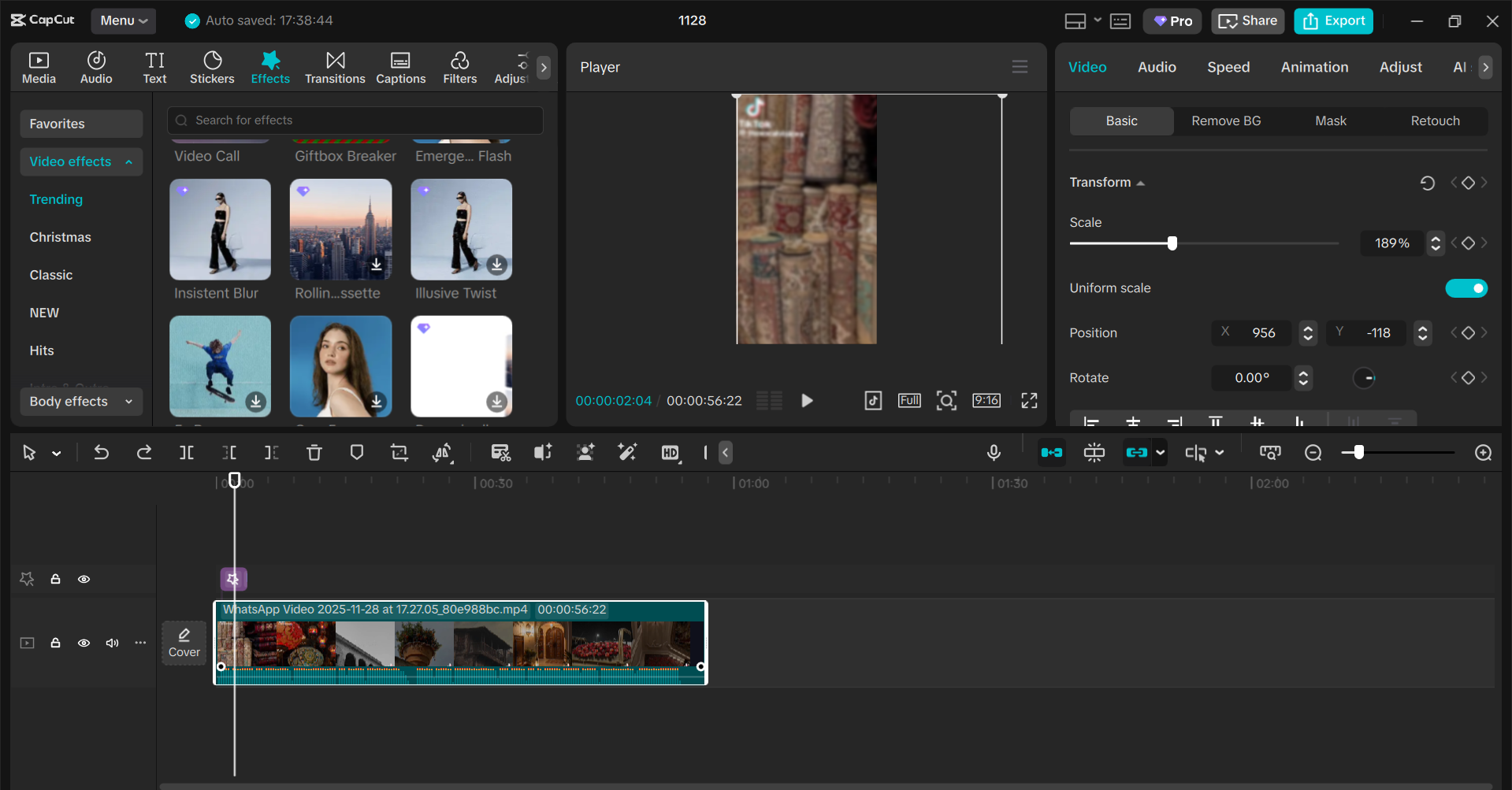 Applying the blur effect over the watermark in CapCut PC