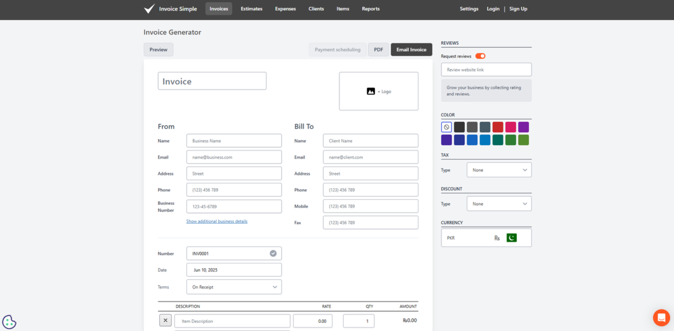 Interface of Invoice Simple - a perfect free bill generator