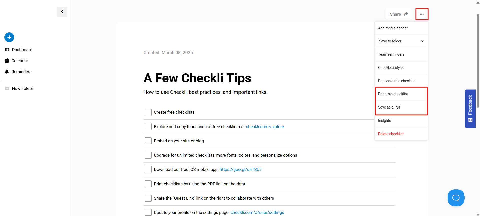 Create a checklist template