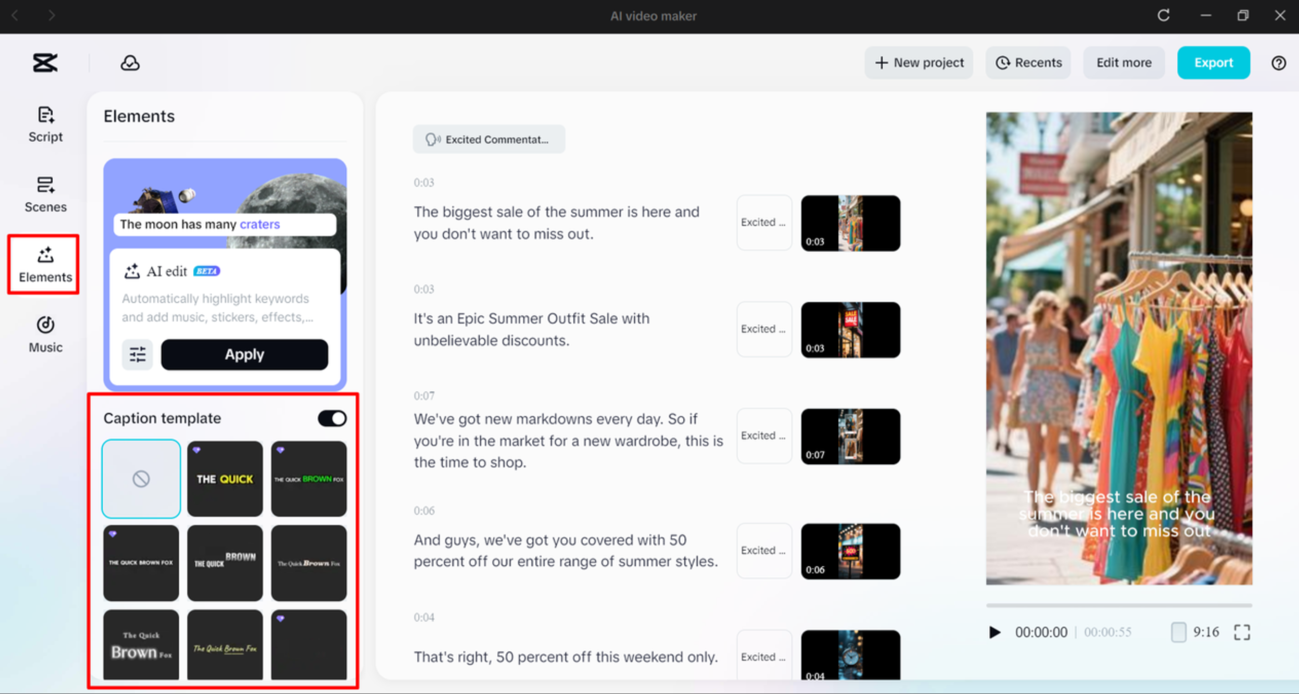 Anwendung der Beschriftungsvorlage in der Videoanzeige in AI Video Maker