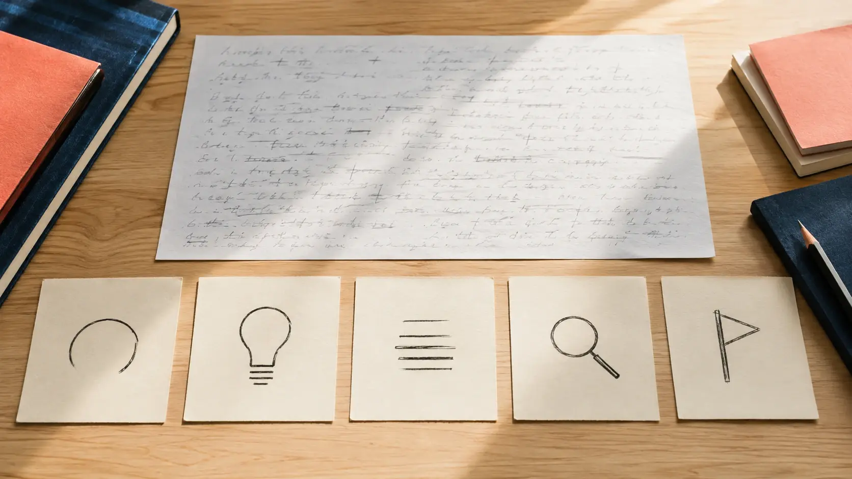 Five physical paper cards use distinct hand-drawn symbols to represent a hook idea method review and next step