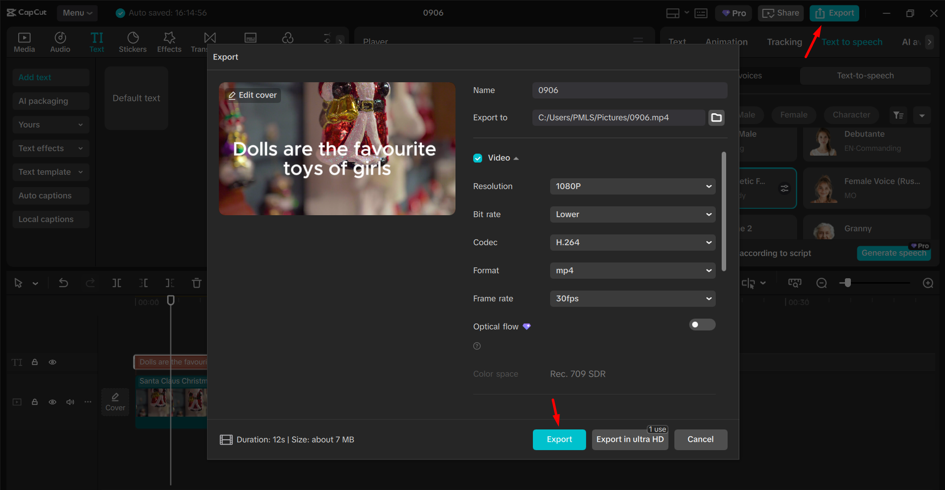 Export videa z editoru desktopového videa CapCut