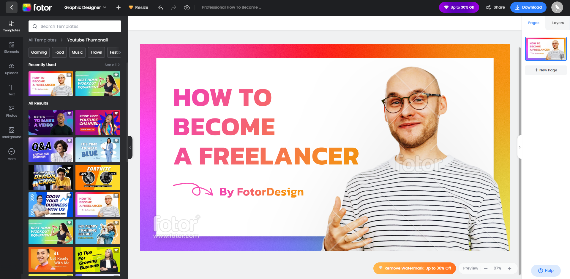 Interface of Fotor - one of the best tools to personalize thumbnail templates