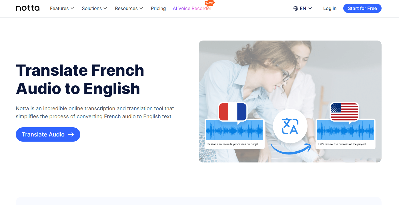 Notta French English translation online