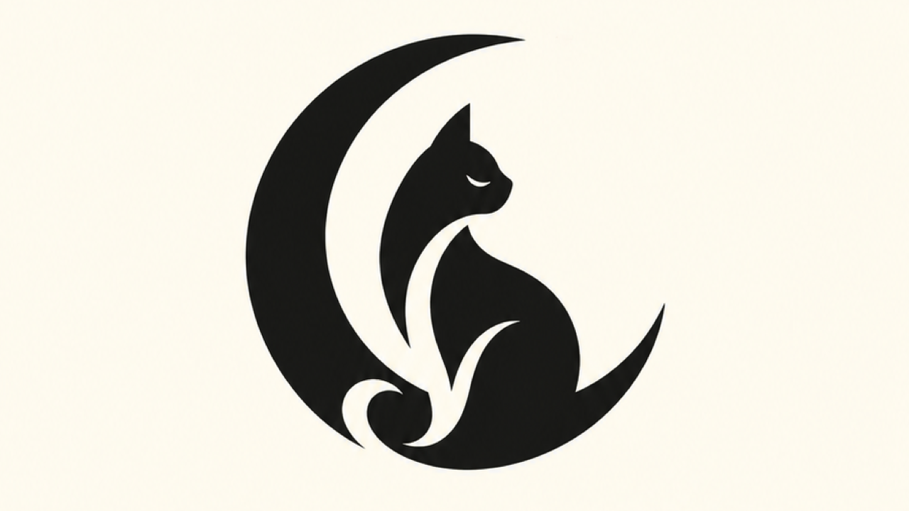 Black crescent-and-cat emblem with clear ivory negative space.