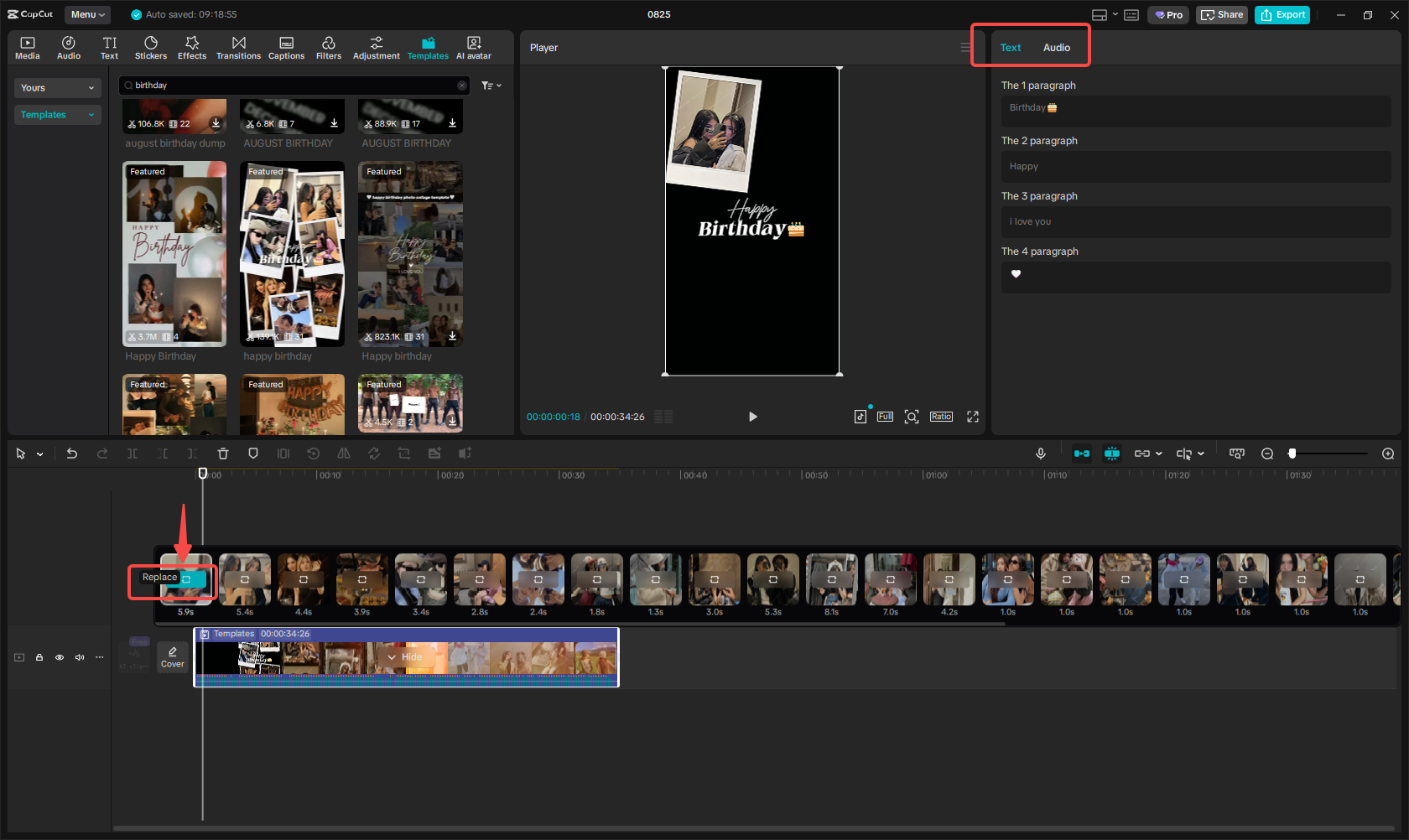 Editing the template in CapCut