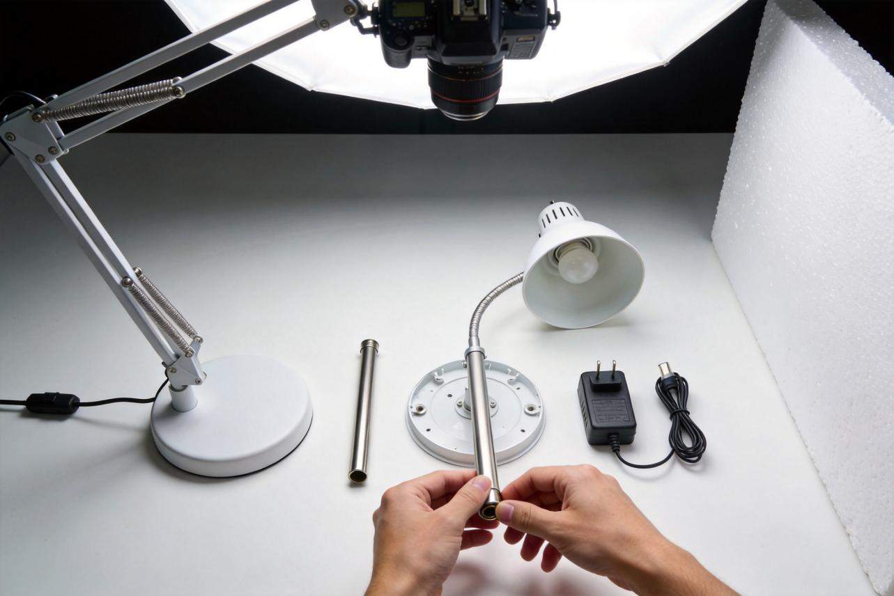 Hands assembling a desk lamp with tools, base, cord, and lightbulb on a white tabletop