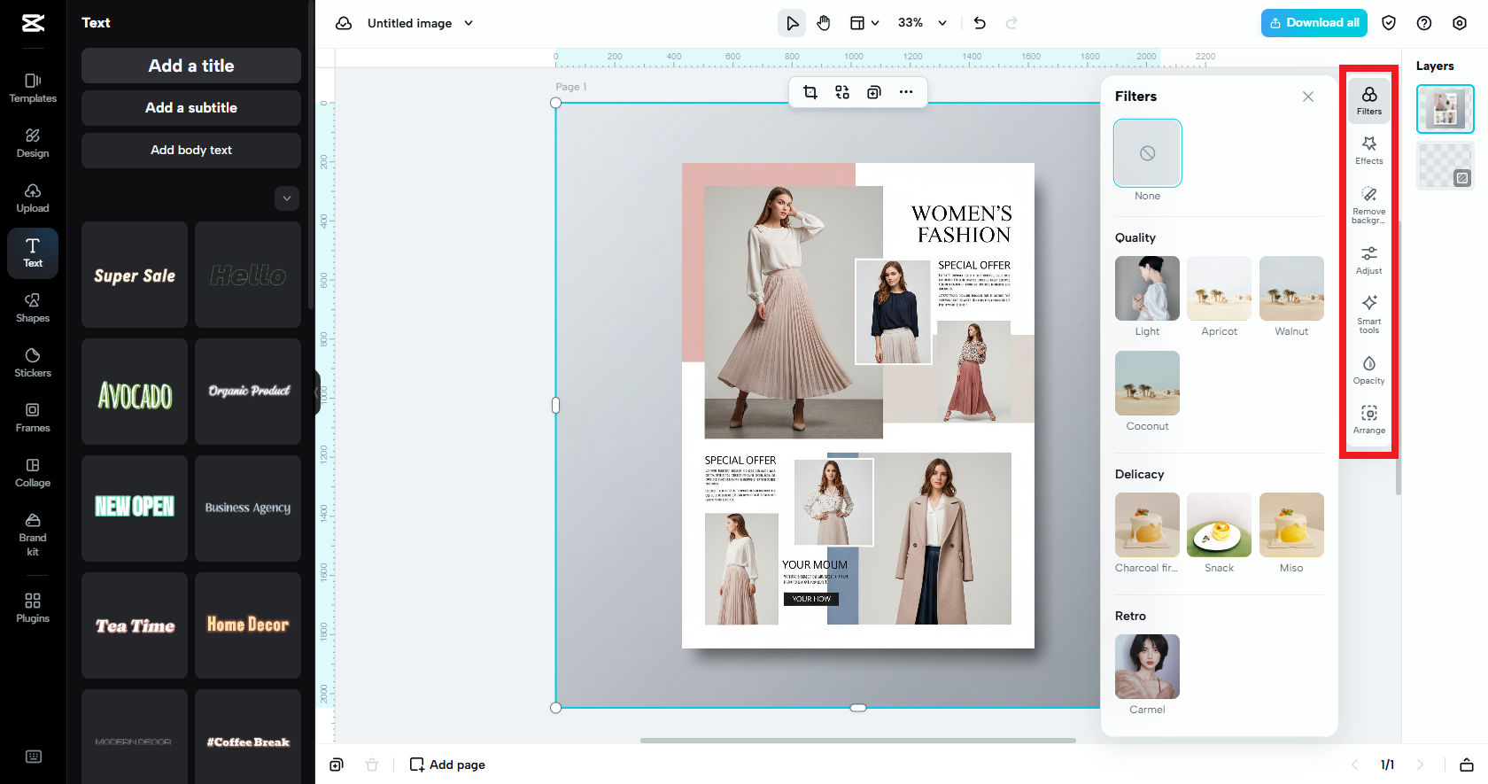 Edit the flyer using layers, filters, effects, etc.