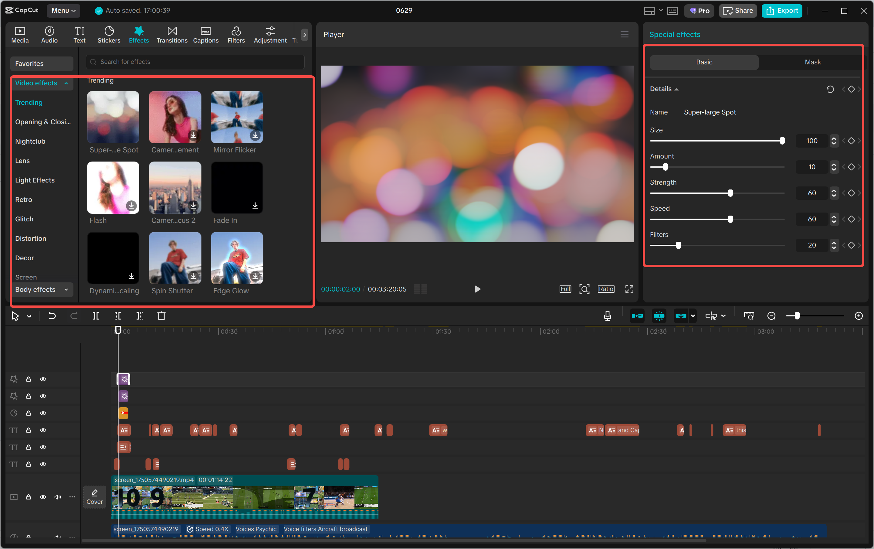 CapCut-videoeditoinnin käyttöliittymä, jossa aikajana ja tehosteet