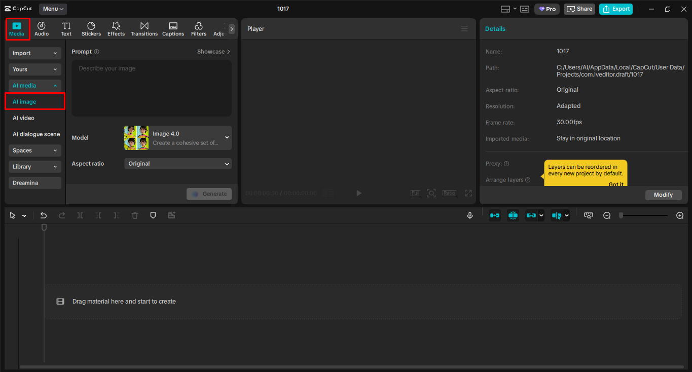 Accessing the AI design agent in the CapCut desktop video editor