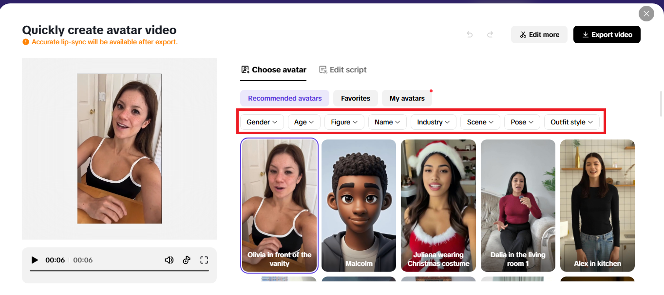 Pippit's avatar options with filters based on age, gender, etc.
