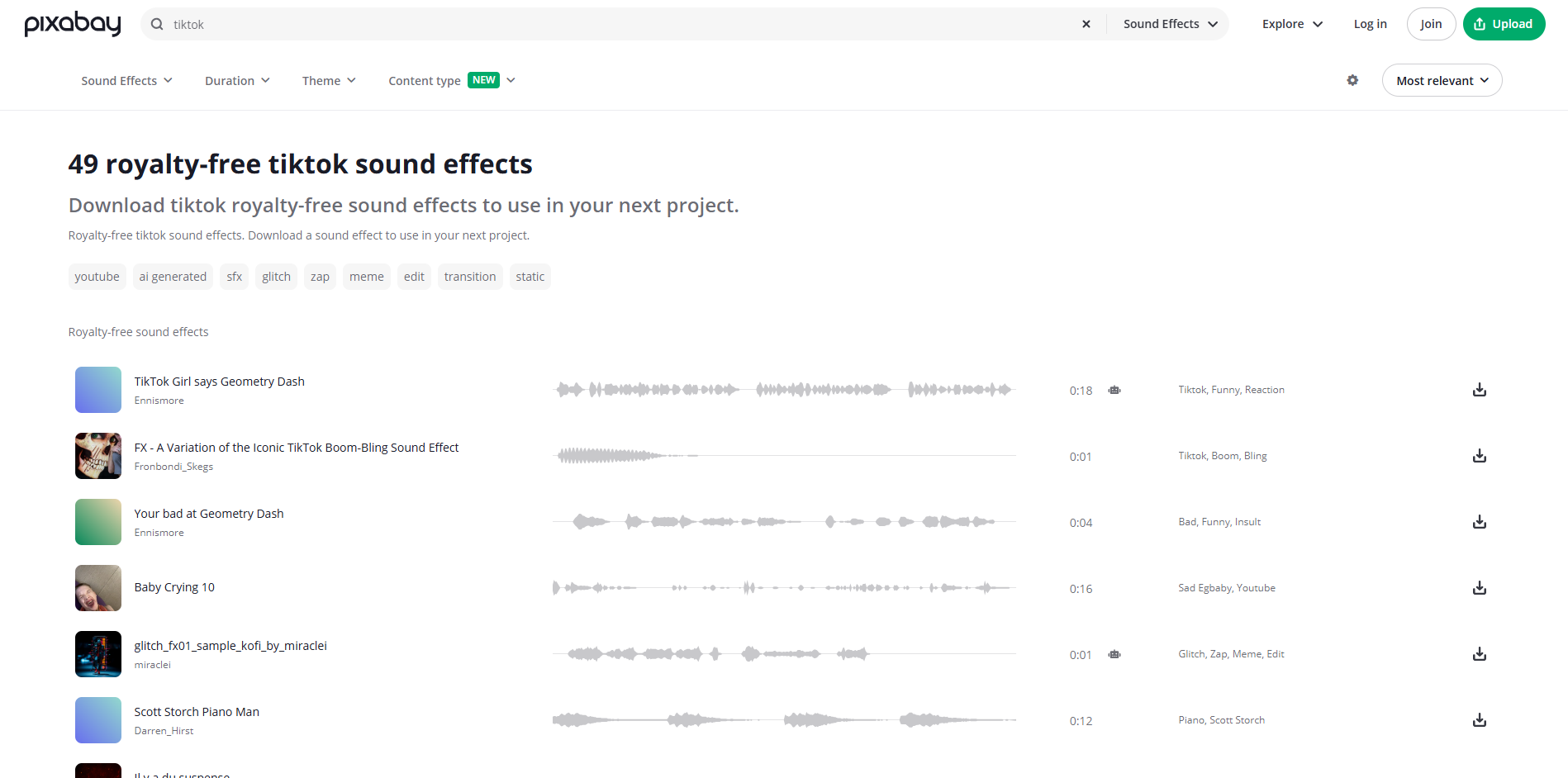 Interface of Pixabay - a site with diverse TikTok sound effects