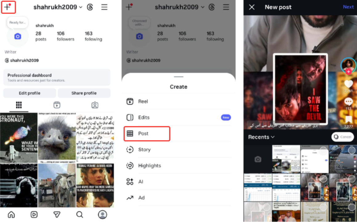Open Instagram and start a post