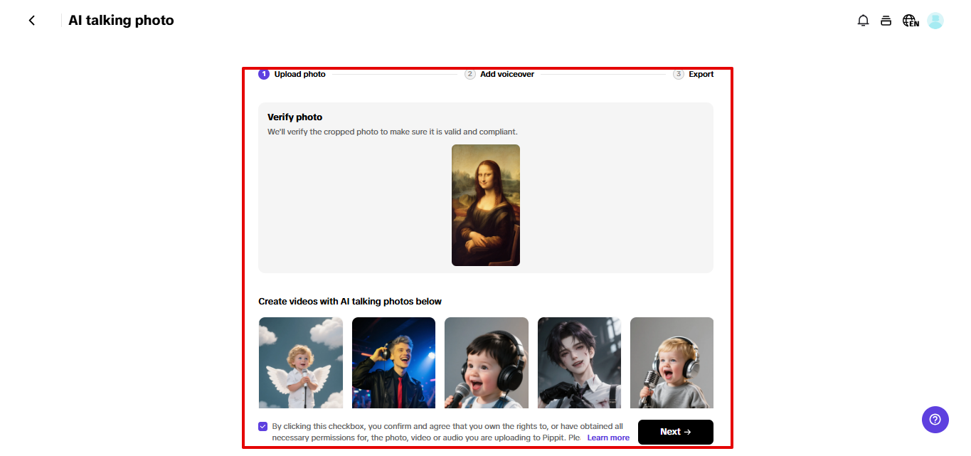 Uploading picture to AI talking photo tool in Pippit