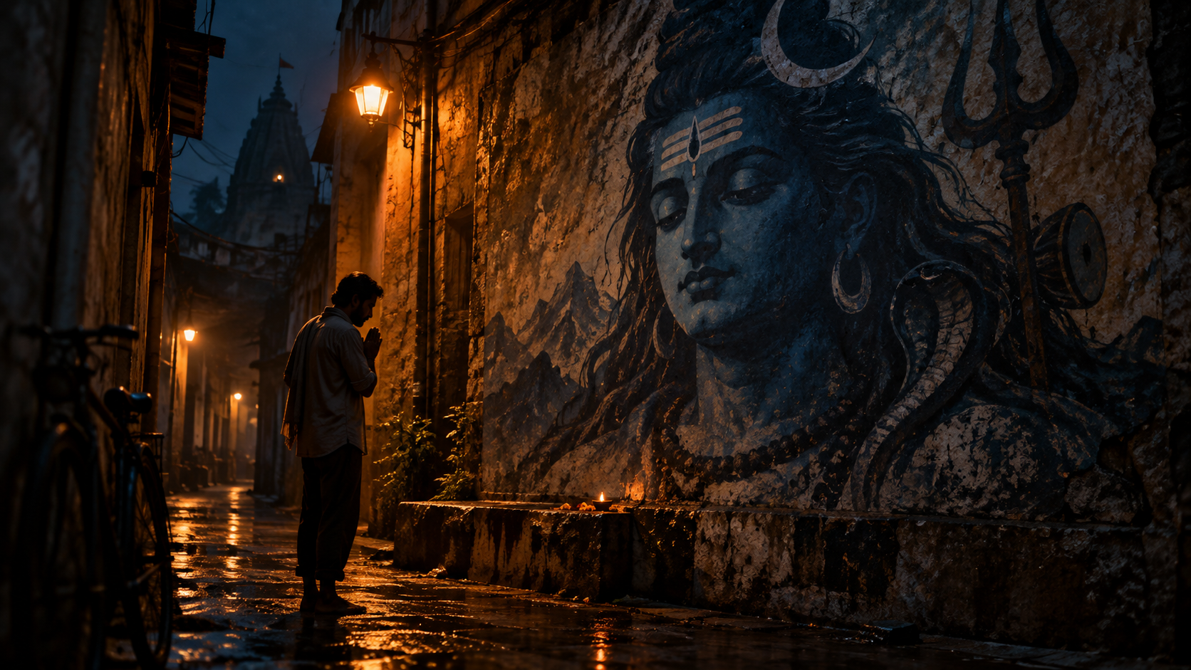 create a respectful symbolic meeting scene with a human subject and lord mahadev-inspired divine presence, soft light, calm motion, and no text or logos