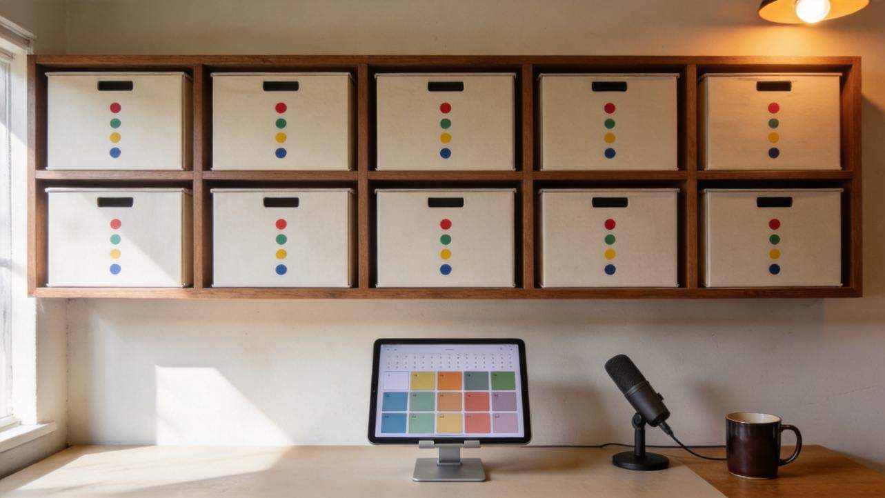 Tablet displaying a color-block calendar on a desk, with a microphone and mug beside it and storage boxes above