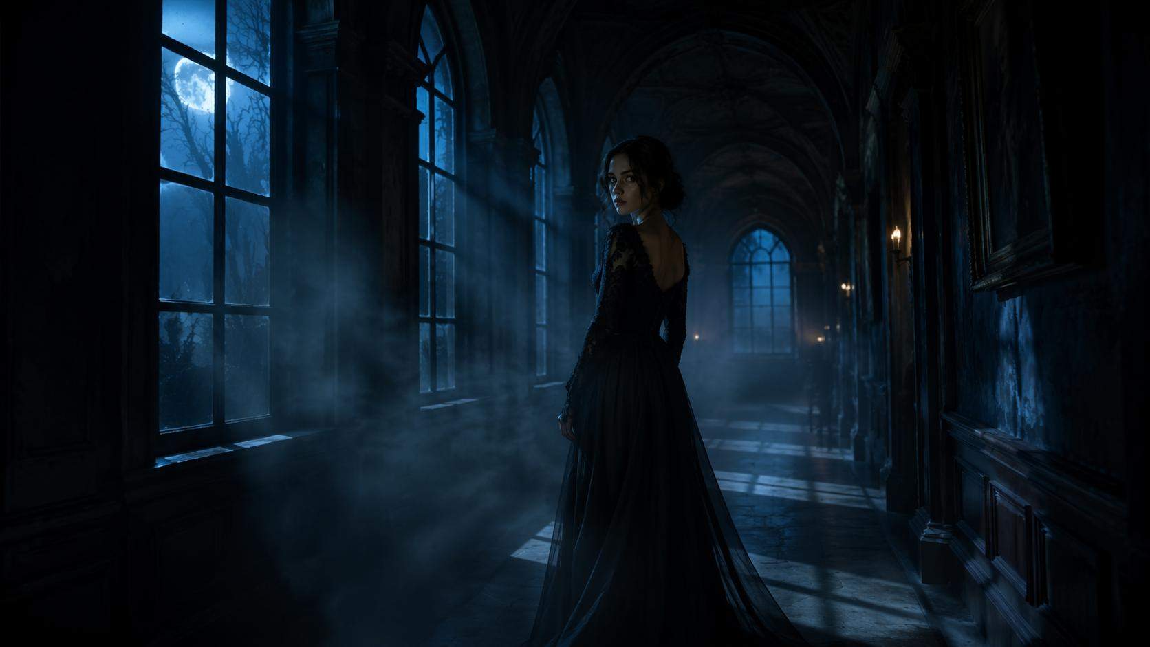 Dreamina reused prompt theme image: Moonlit hallway portrait