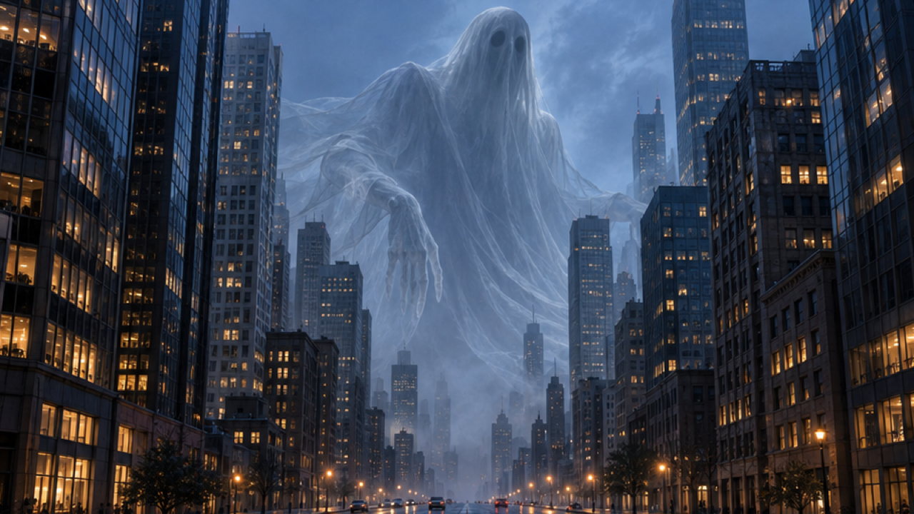 A colossal translucent sheet ghost floating between generic city skyscrapers, tiny cars on empty streets, blue hour and mist, clear enormous scale