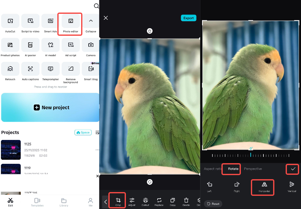 Flip a photo on an iPhone using the CapCut mobile app