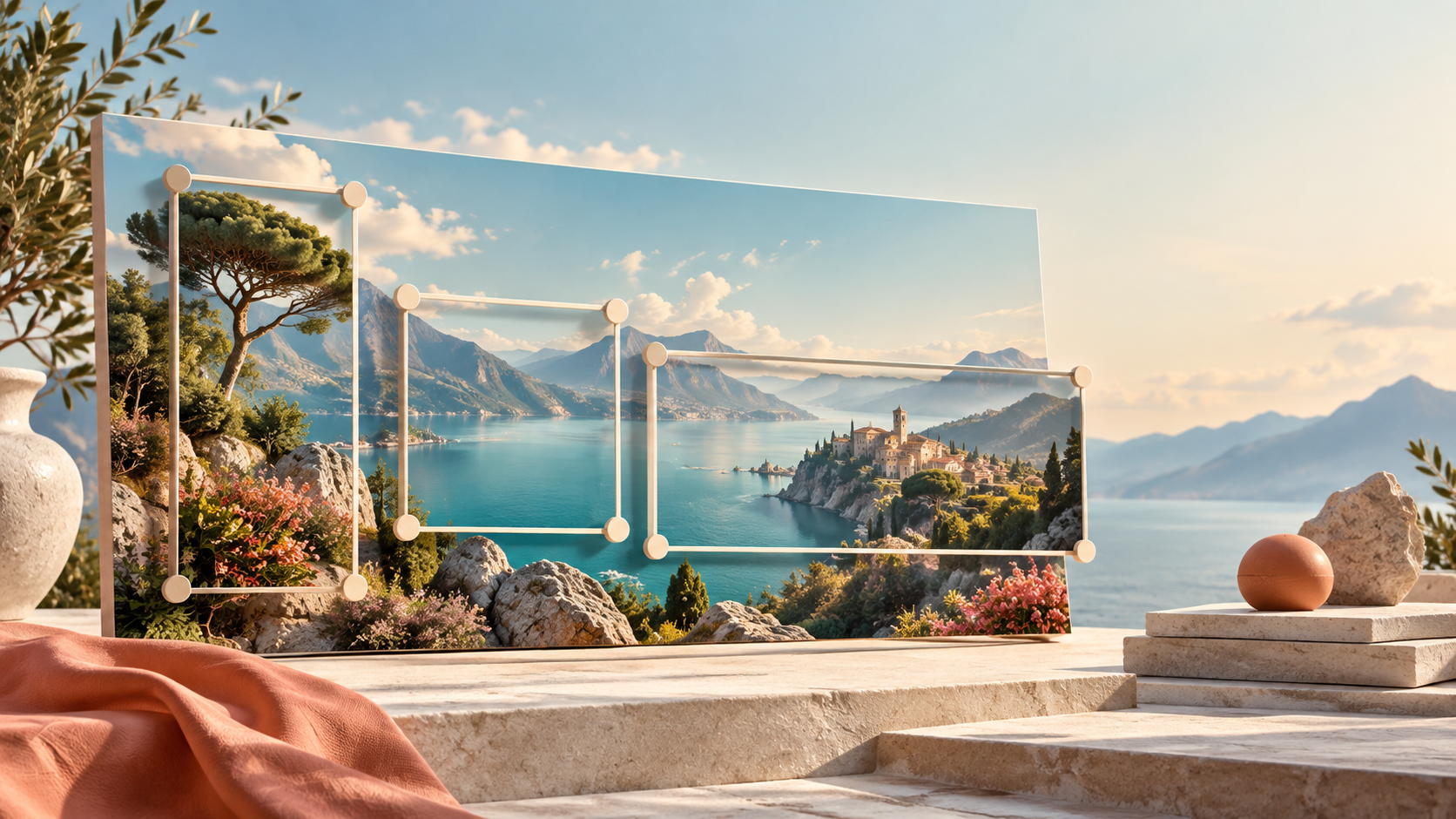A landscape print with portrait, square and wide crop frames