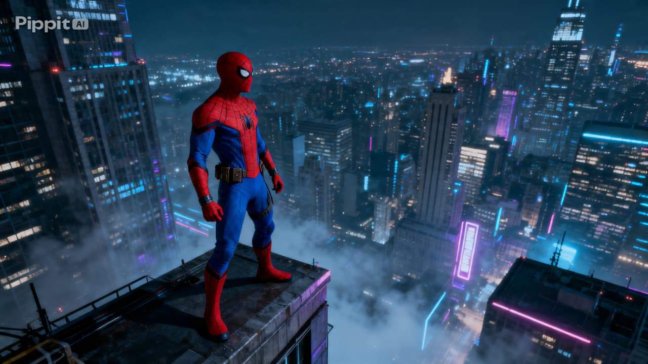 AI Spiderman rooftop landing image generated by Pippit
