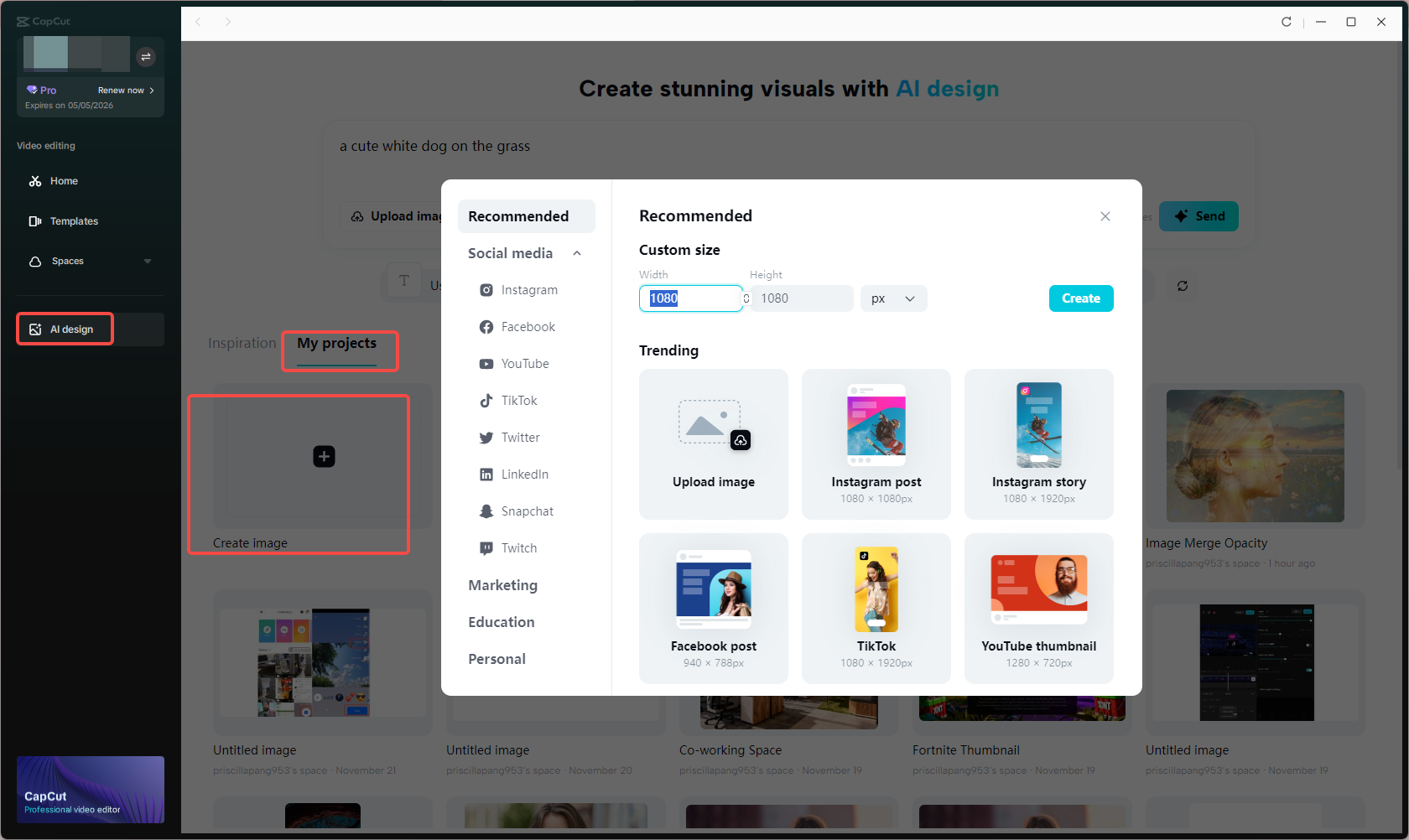 Accessing the AI design feature in CapCut