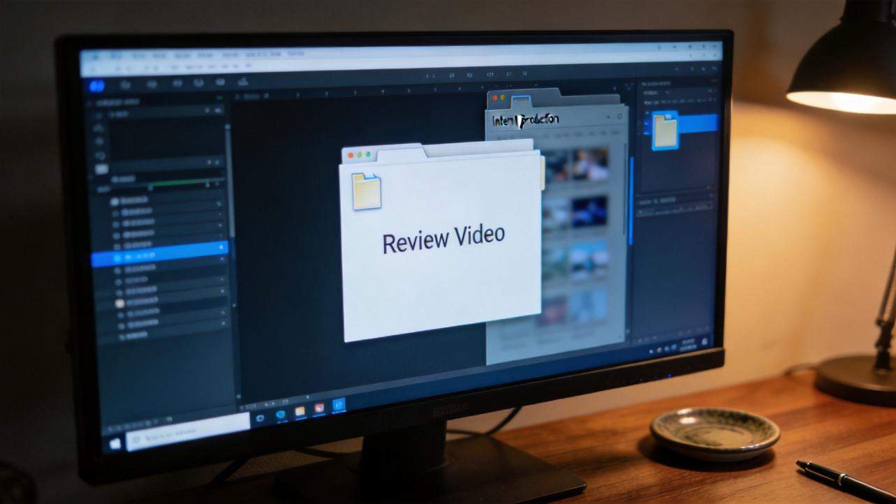 Computer monitor showing a video editing workspace with a folder labeled Review Video