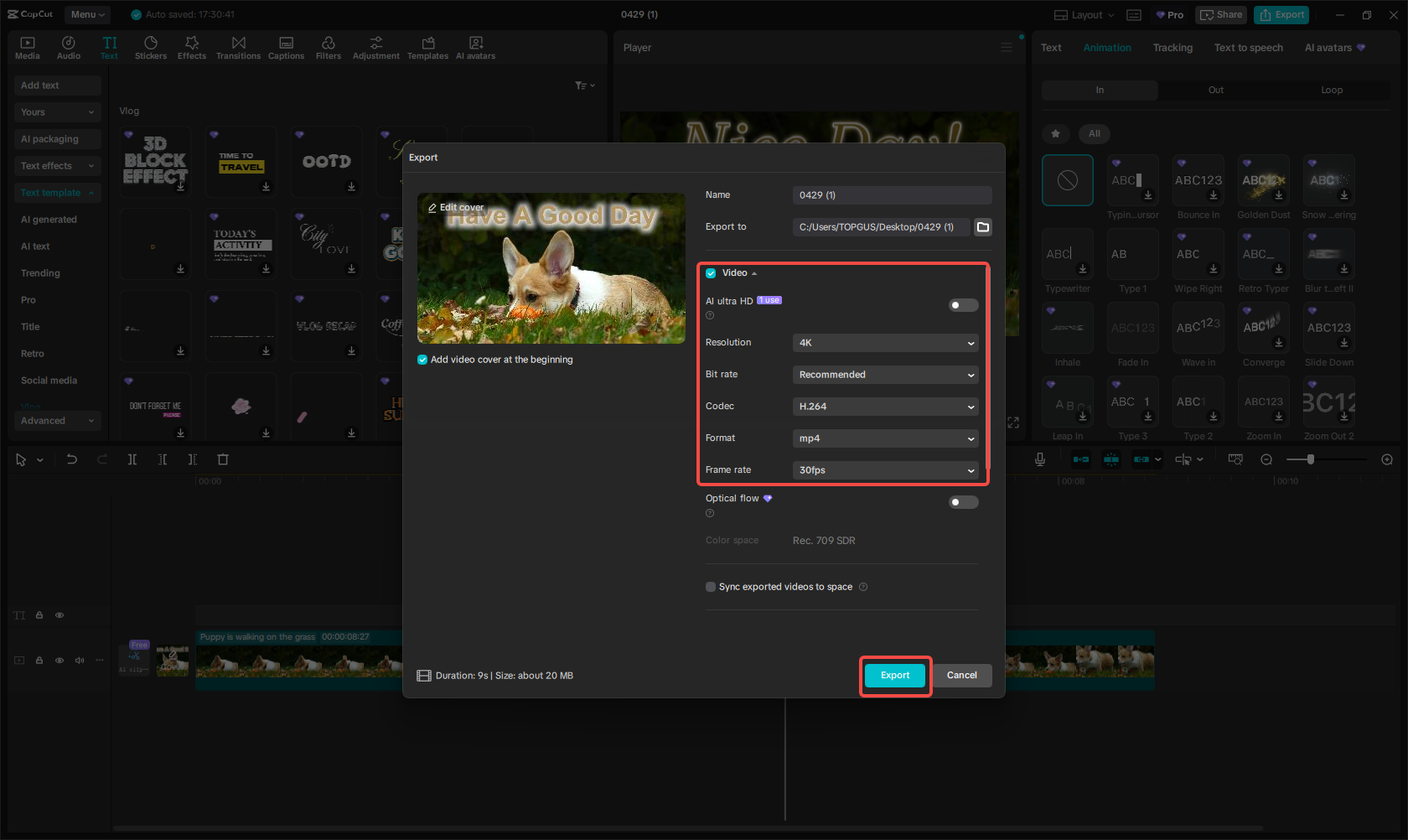 Exporting the video in CapCut