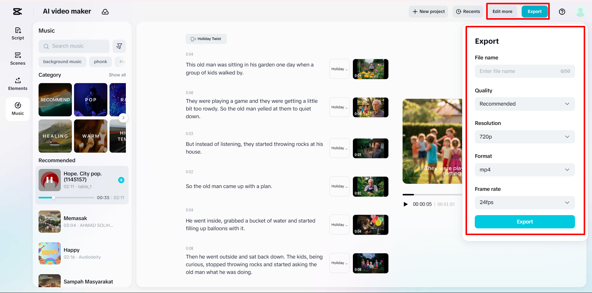 Exporting the final video from CapCut's AI video maker