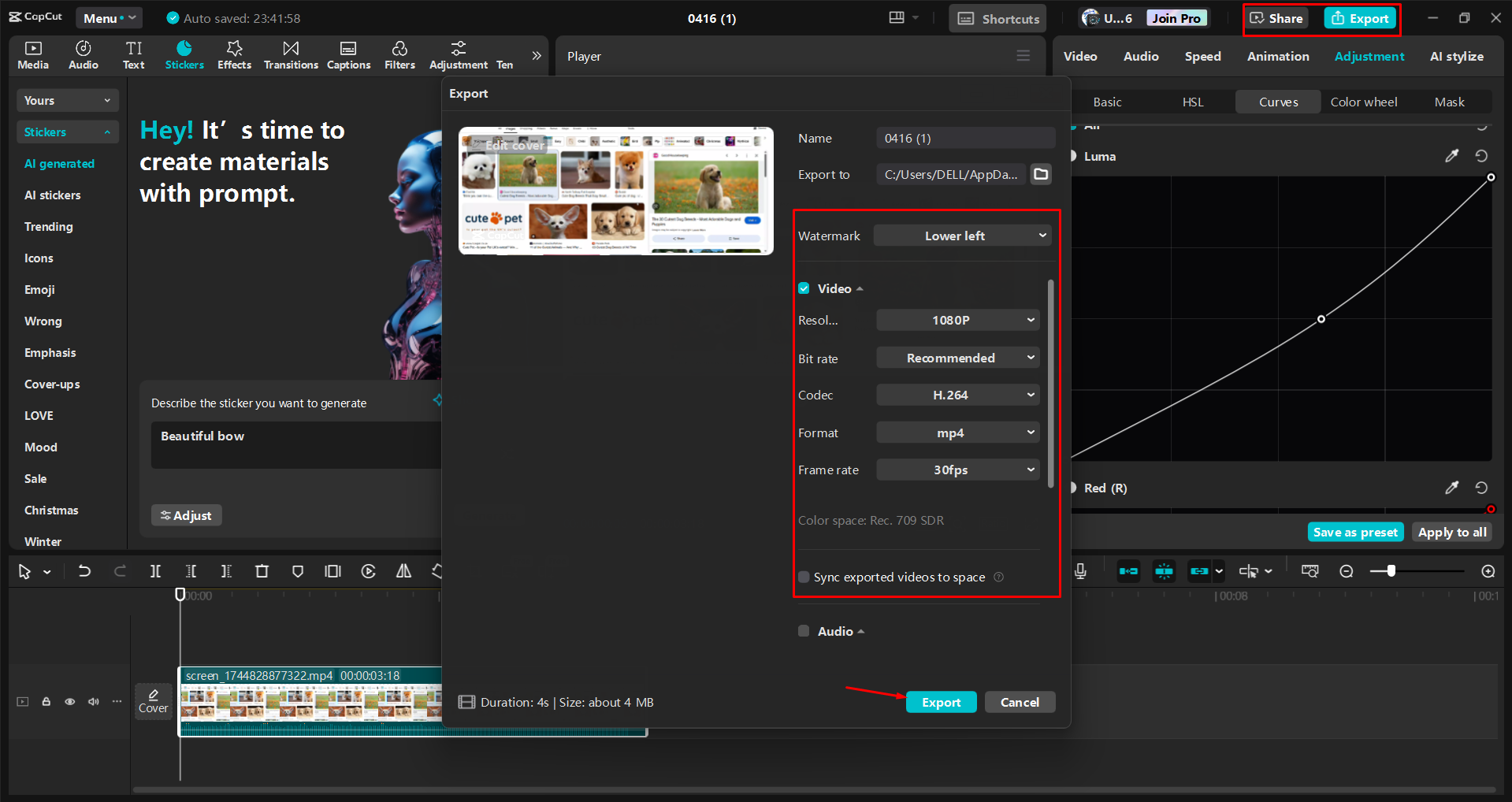 Exporting a video from the CapCut desktop video editor
