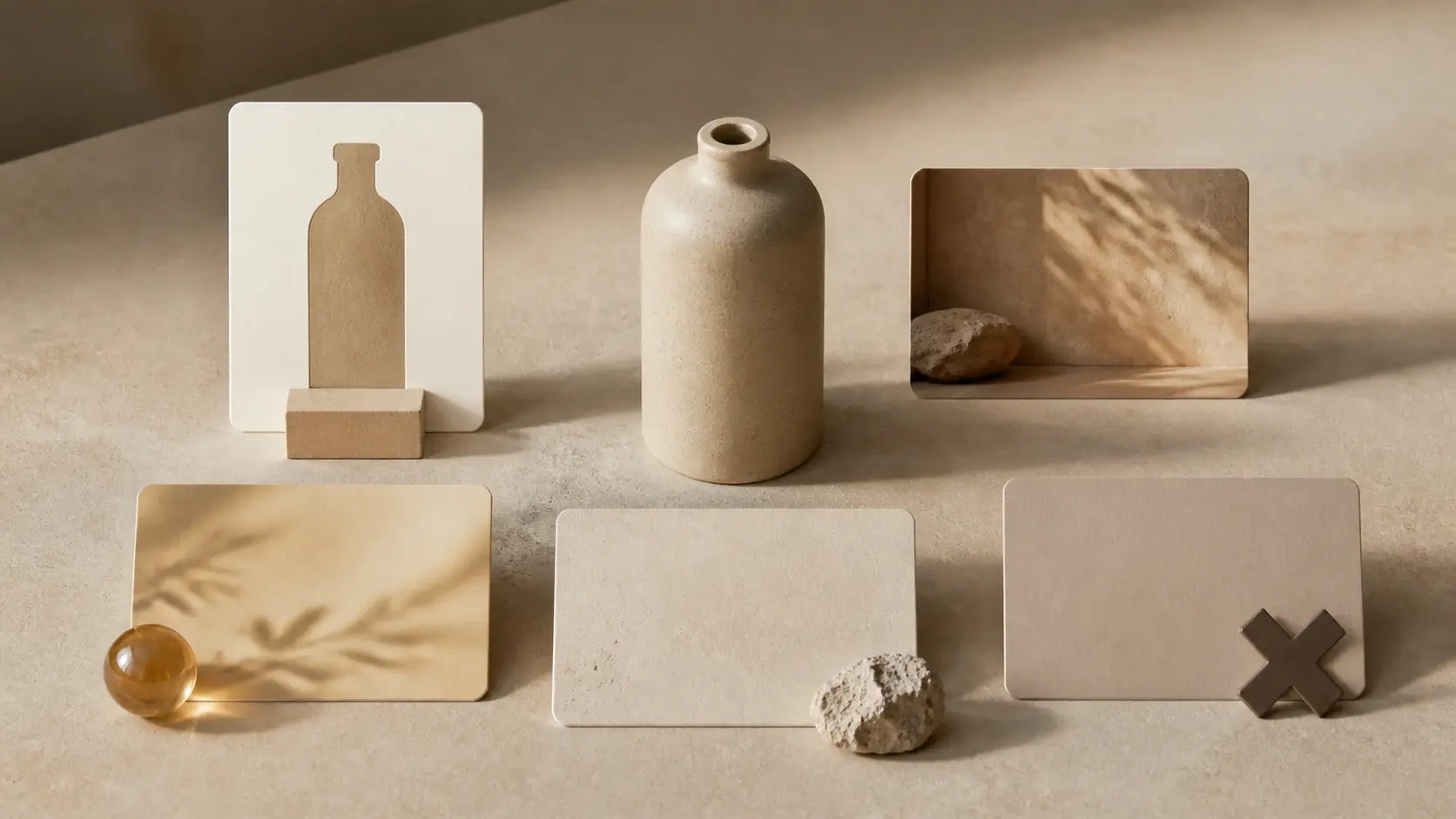 Neutral product mockups with beige cards, a bottle, and stones on a warm studio backdrop
