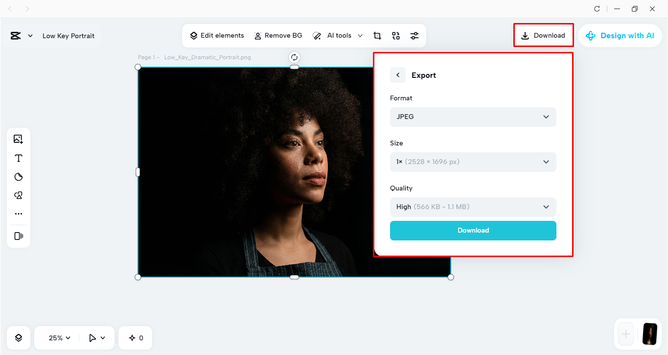 Exporting the final image from the CapCut desktop video editor