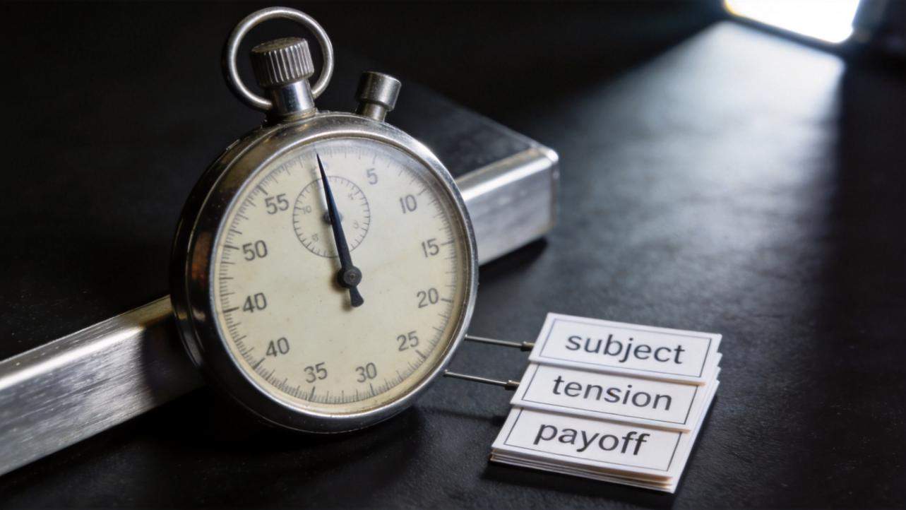 Stopwatch beside cards labeled subject, tension, and payoff