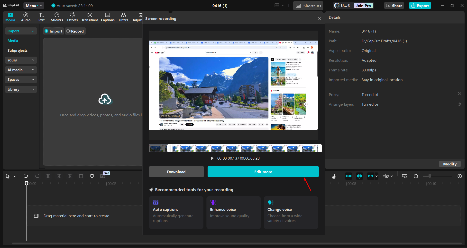Merakam skrin dengan editor video desktop CapCut