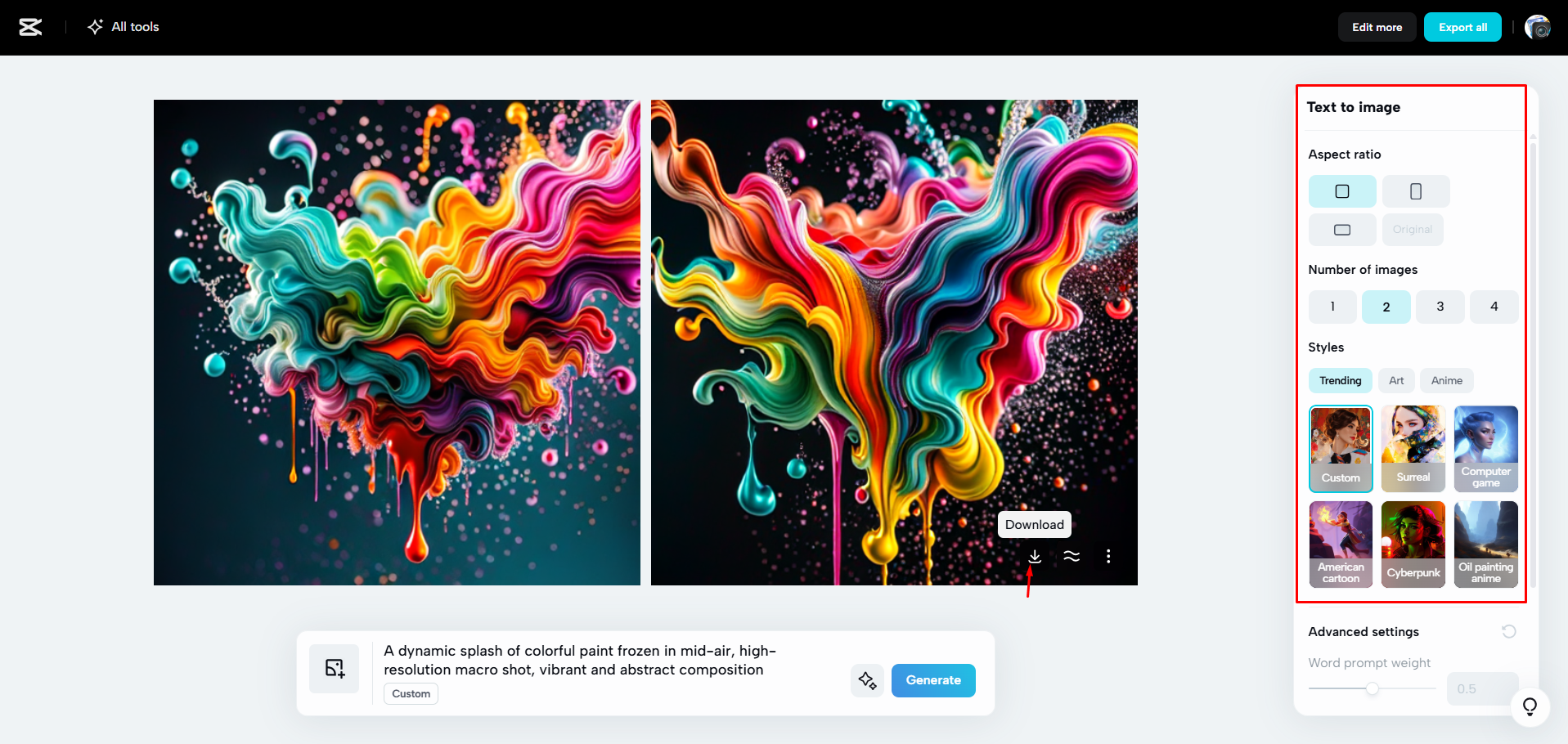 Downloading an image from CapCut Web