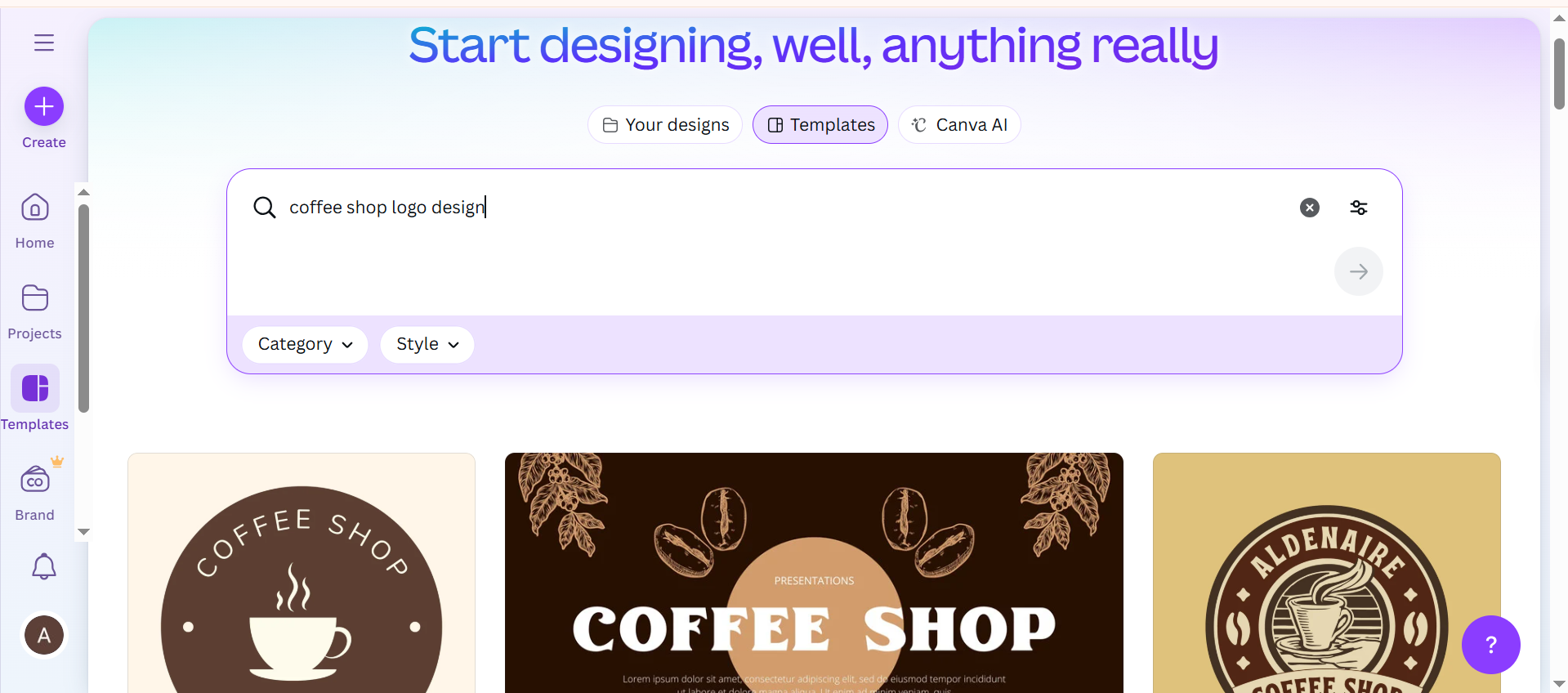 Interface of Canva -  a reliable tool to generate coffee shop logo designs for free