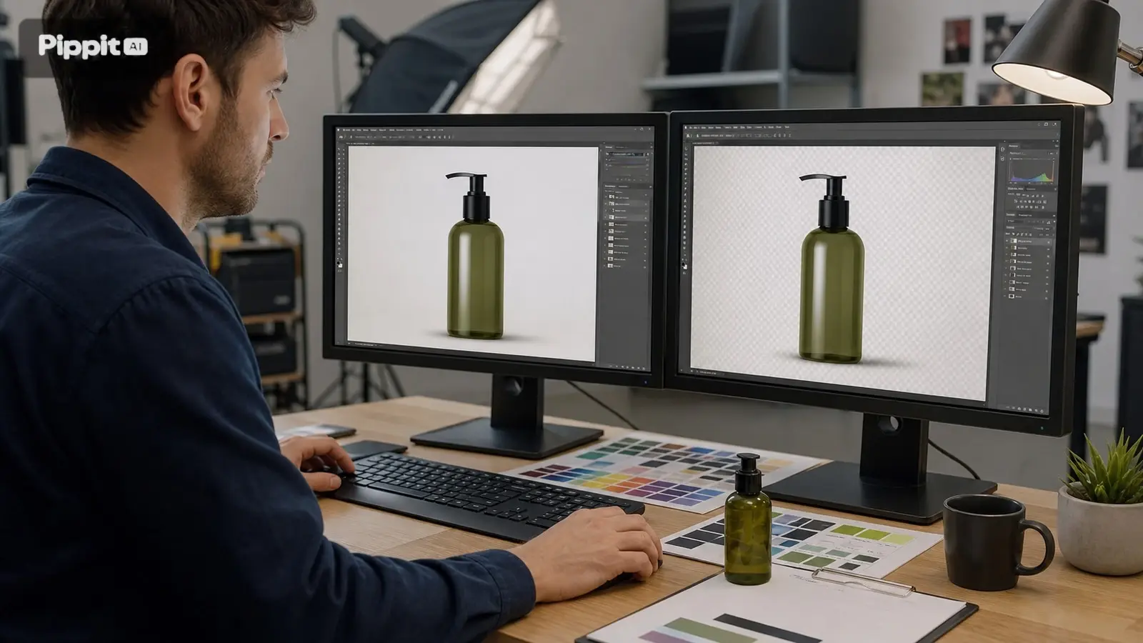 Desainer sedang mengedit foto produk botol pompa hijau pada dua monitor