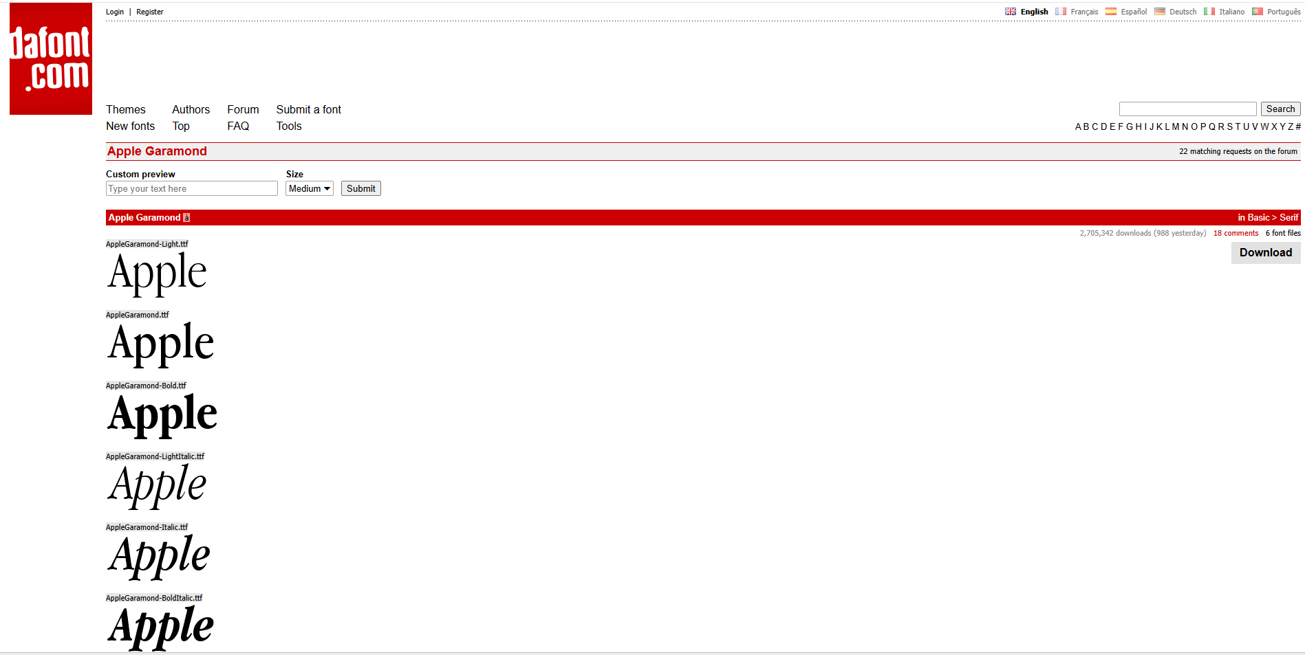 Interface of DaFont - an easy to use Garamond font generator
