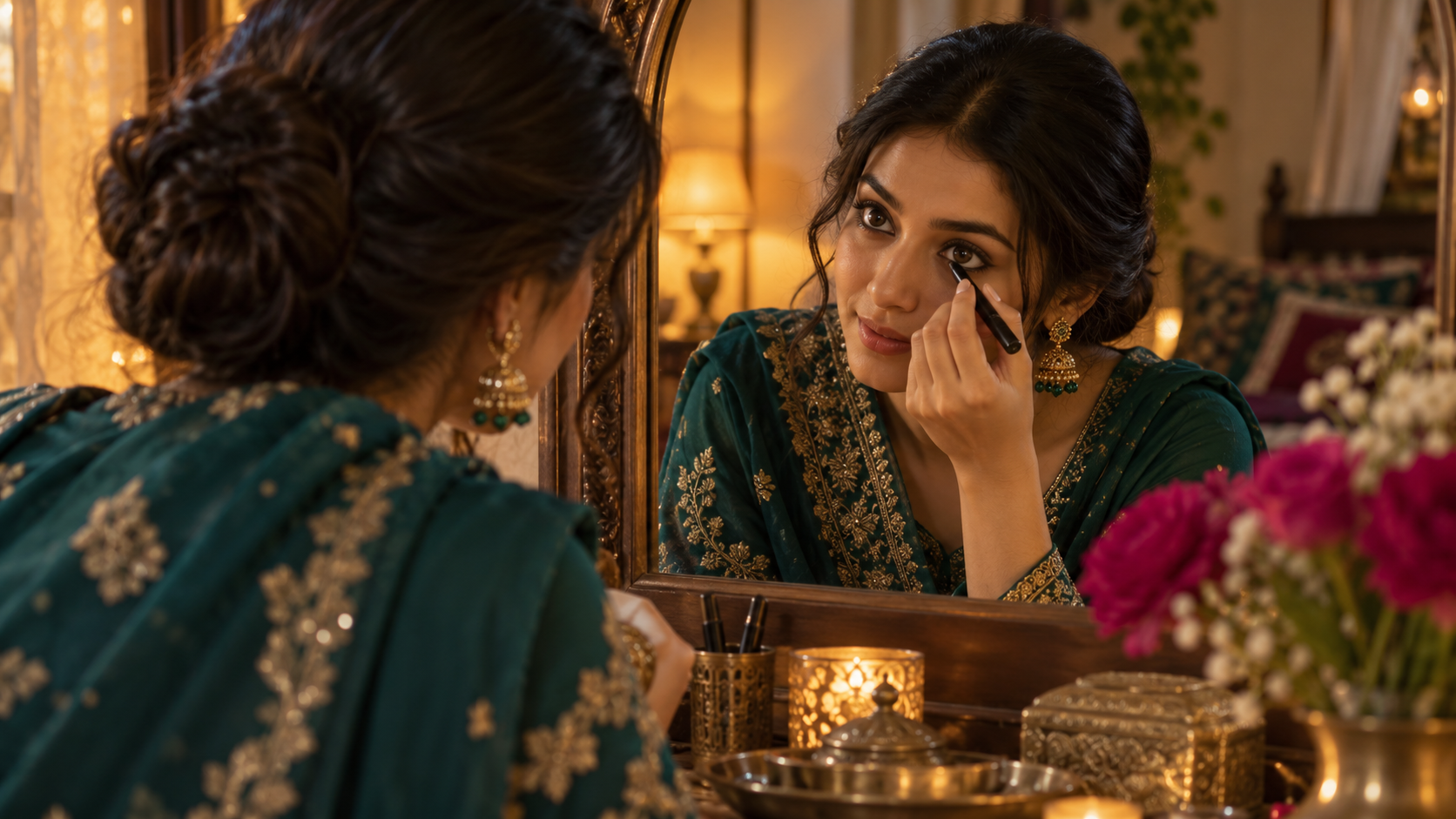 Festive Home Makeup Moment example for mirror kajal ai photo prompts