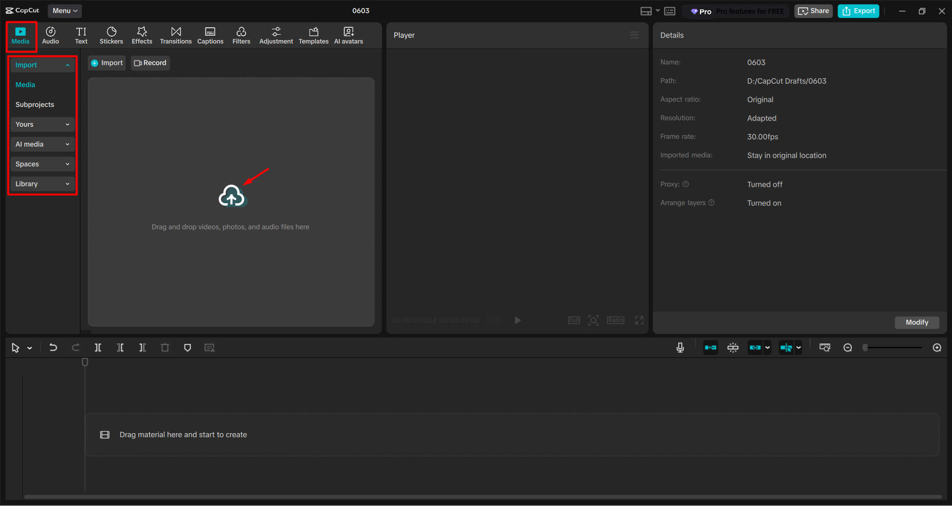 Importing a video into the CapCut desktop video editor