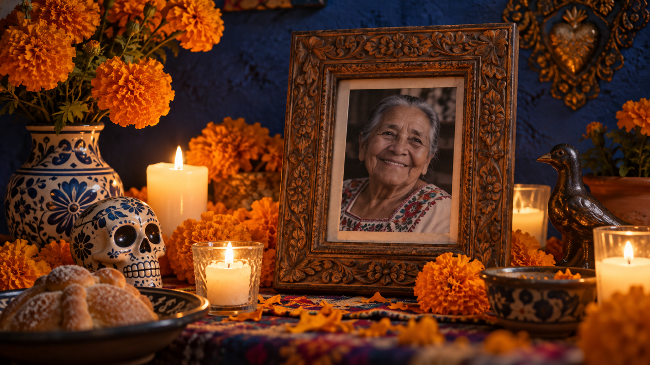 Wooden framed portrait of an elderly woman centered on a modest ofrenda, orange marigolds and candles against a deep indigo wall, warm light, clearly still photograph.
