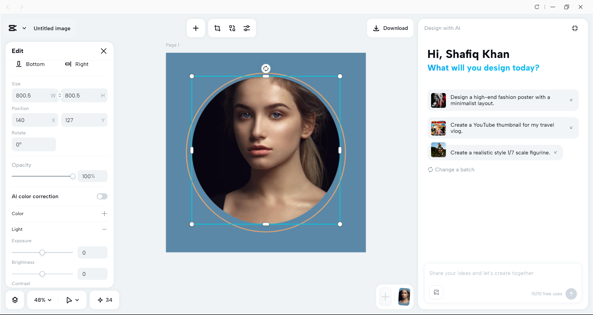 Interface of the CapCut desktop video editor - a quick way to crop images to a round shape