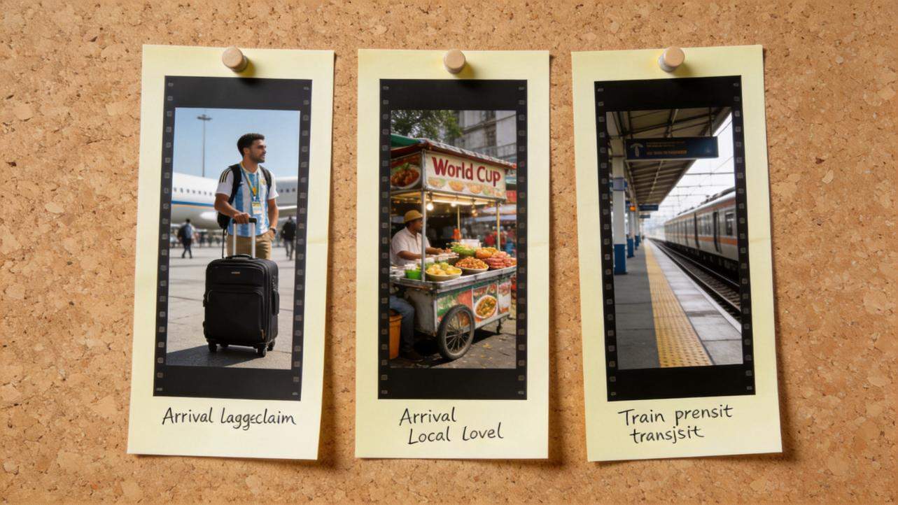 Three pinned travel photos labeled arrival, local, and train transit